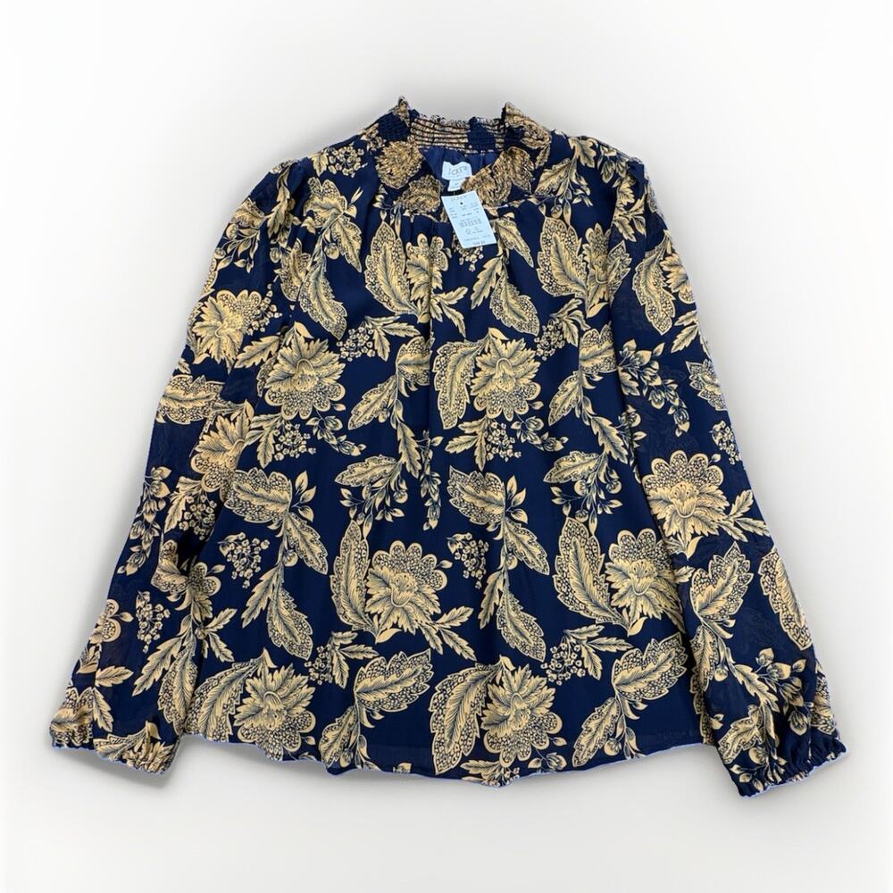 NWT J.Crew Factory Floral Smocked Shirt Blouse Navy Gold Womens Size Med AS357 - Picture 1 of 10
